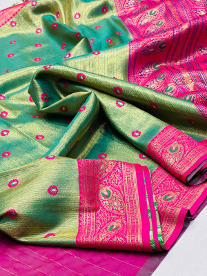 Green color soft tissue paithani silk saree with zari weaving work