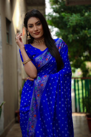 Royal blue color hand bandhej silk saree with zari weaving work
