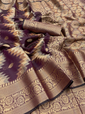 Wine color organza silk saree with zari weaving work