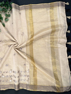 Cream color soft cotton saree with embroidery work