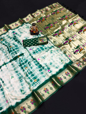 Green color dola silk saree with shibori print & zari weaving work