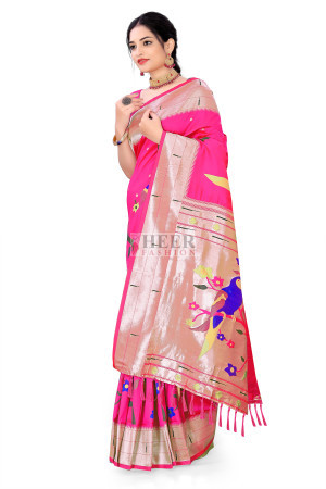 Rani pink color paithani silk saree with zari weaving work