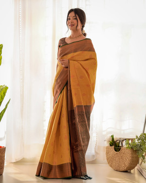 Yelllow color kanjivaram silk saree with zari weaving work