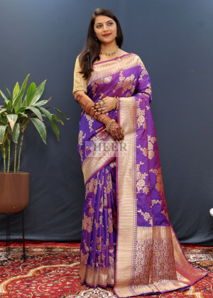 Purple color banarasi silk saree with zari weaving work