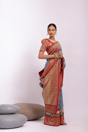 Sky blue soft kanjivaram silk saree with zari weaving work