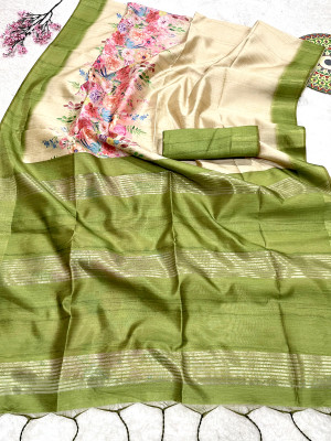 Green color soft cotton silk saree with floral printed work