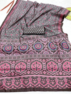 Brown color soft silk saree with printed work