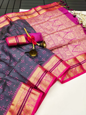 Gray color tussar silk saree with bandhani weaving work
