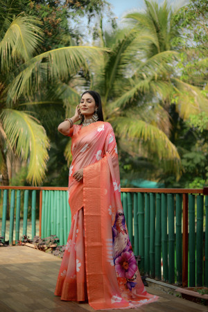 Peach color soft dola silk saree with digital printed work