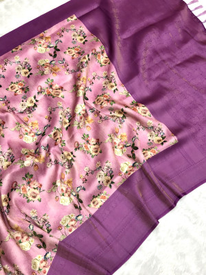 Baby pink color softy silk saree with zari weaving & digital printed work