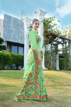 Green color soft jamdani cotton saree with woven design