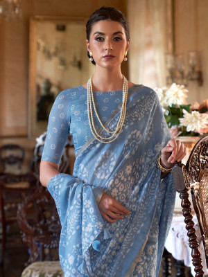 Sky blue color soft mul cotton saree with batik printed work
