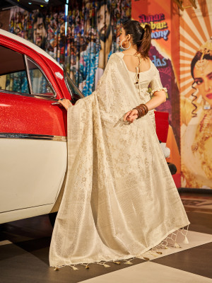 Cream color soft katan silk saree with zari weaving work