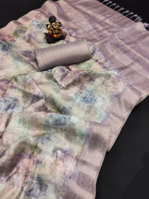 Lavender color linen silk saree with zari weaving work