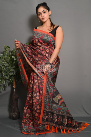 Brown color soft silk saree with digital printed work