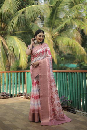 Peach color dola silk saree with digital printed work