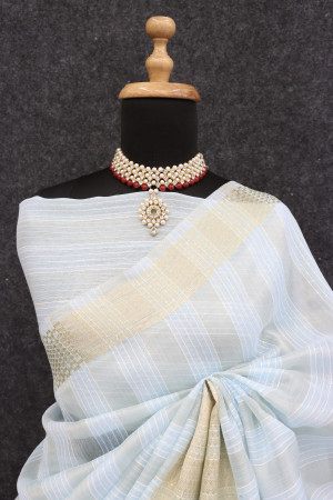 Sky blue color tussar silk saree with zari weaving work