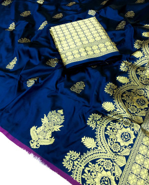 Navy blue color soft lichi silk saree with zari weaving work