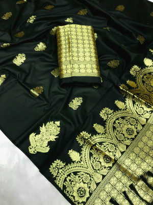 Black color soft lichi silk saree with zari weaving work