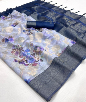 Blue color soft linen silk saree with digital printed work