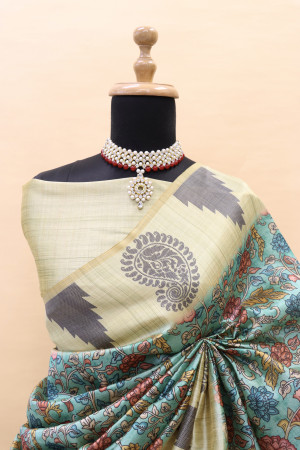 Sky blue cotton silk saree with digital printed work