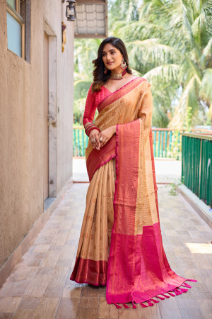 Beige color kanjivaram silk saree with woven design