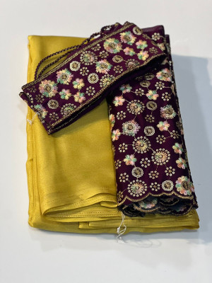 Yellow color chiffon saree with coding embroidery & sequence work blouse