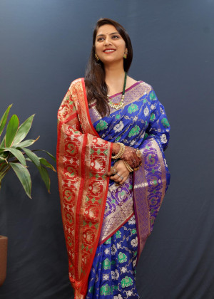 Royal blue color soft patola silk saree with zari weaving work
