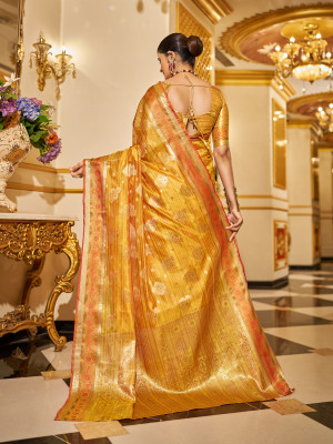 Yellow color soft organza silk saree with zari weaving work