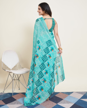 Sky blue color soft cotton saree with printed work