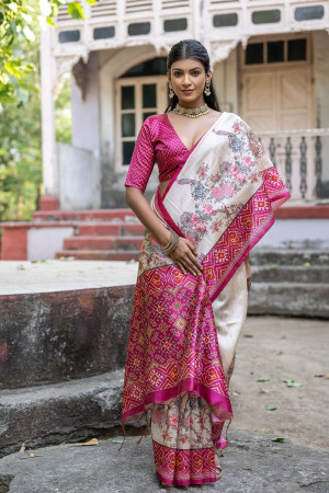 Pink color soft tussar silk saree with patola printed work