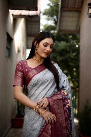 Light gray color dola silk saree with digital kalamkari printed work