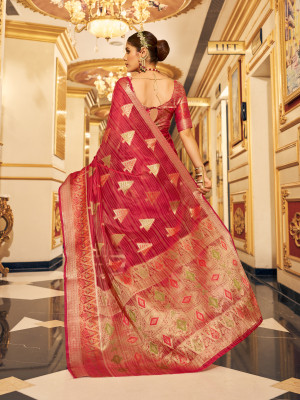 Rani pink color soft organza silk saree with zari weaving work