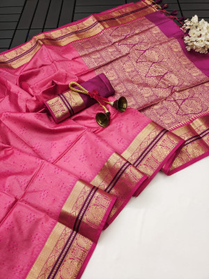 Pink color tussar silk saree with bandhani weaving work