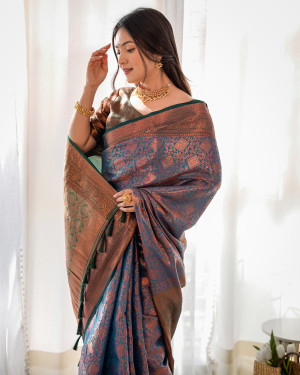 Navy blue color kanjivaram silk saree with zari weaving work