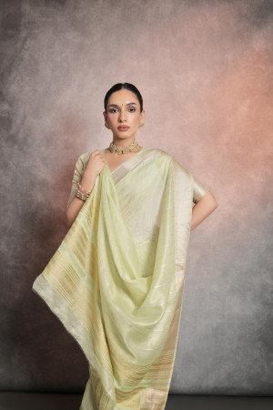 Light pista green color mulberry silk saree with zari weaving work