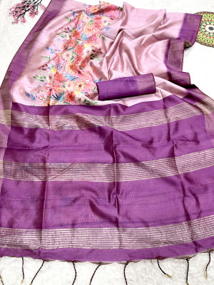 Wine color soft cotton silk saree with floral printed work