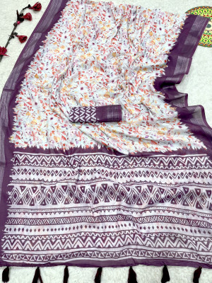 Wine color soft linen cotton saree with floral print & batik printed pallu