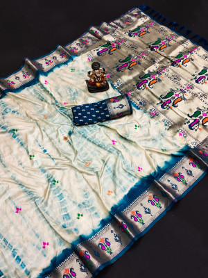 Firoji color dola silk saree with shibori print & zari weaving work