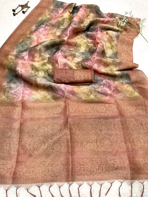 Brown color chanderi silk saree with zari weaving work