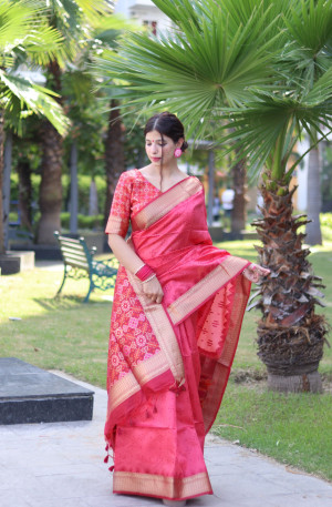 Gajari color tussar silk saree with weaving work