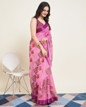 Baby pink color soft cotton saree with printed work