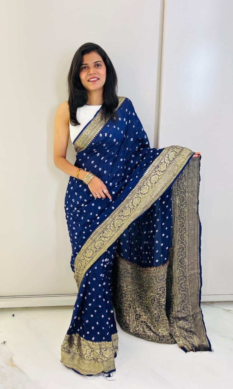 Sungudi Cotton Bandhani Saree in Blue with Golden Zari Striped Border