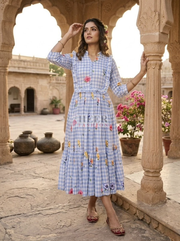 Blue color muslin silk printed kurti with gingham printed