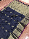 Navy blue color kanchipuram silk saree with golden zari weaving work