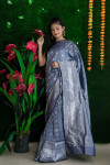 Gray color lichi silk weaving saree with zari work