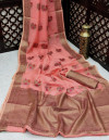 Pink color linen cotton saree with zari weaving border