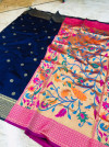 Navy blue color paithani silk saree with weaving rich pallu