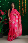 Pink color soft linen silk saree  with zari work