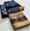 Navy blue color soft linen saree with digital printed